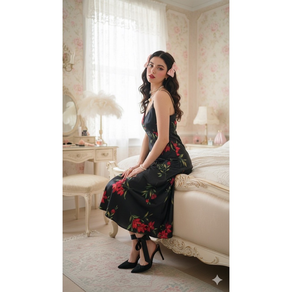 Cabernet Sleepwear Black‎ Floral Print Maxi Slip Dress L Satin Coquette 90s